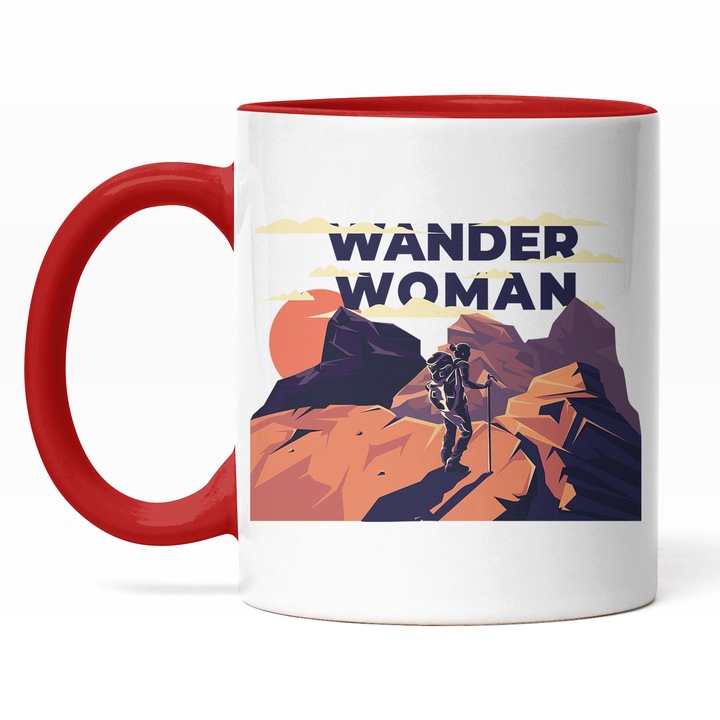Cana Cu Mesajul Motivational Wonder Woman, Peisaj Montan, Cercetas, Silueta Feminina In Apus de Soare, Cadou Pentru Iubitorii De Aventura, Multicolor, 330 ml, Maner Rosu