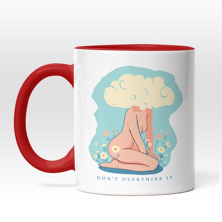 Cana Cu Corp Dezgolit Feminin In Loc De Cap Nor, Flori Colorate, Text In Engleza Don't Overthink, Cadou Overthinking, Multicolor, 330 ml, Maner Rosu
