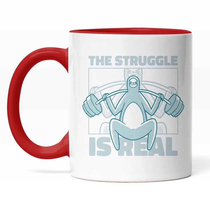 Cana Cu Mesajul Motivational The Struggle Is Real, Animal Lenes Ridicand Greutatii, Gym, Fitness, Cadou Pentru Iubitorii De Sport, Albastru 330 ml, Maner Rosu