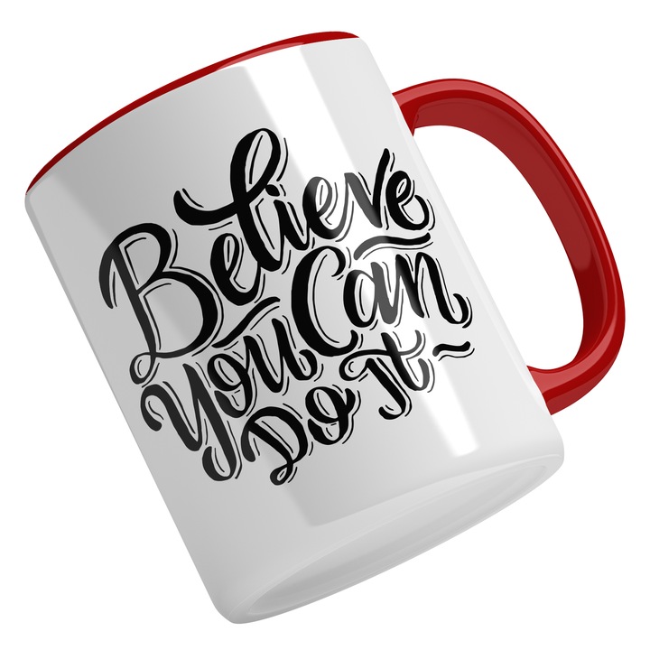 Cana Mesaj Motivational Belive You Can Do It, Incredere In Sine, Confidance, Cadou Pentru Iubitorii De Castiguri, Negru, 330 ml, Maner Rosu