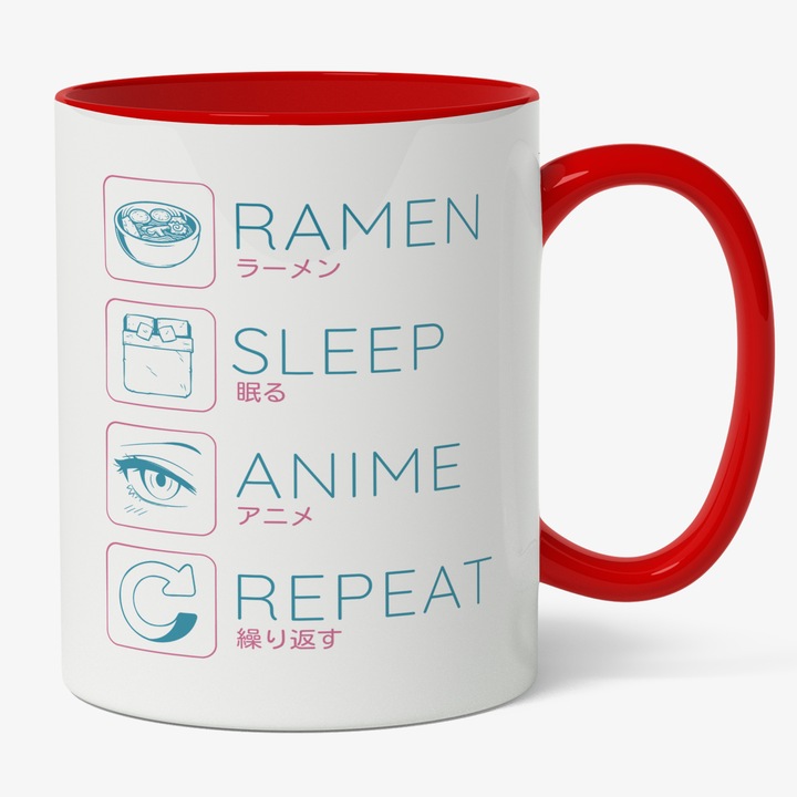 Cana Cu Mesaj Haios Ramen Sleep Anime Repeat, Mancare Asiatica, Anime, Cadou Pentru Iubitorii De Cultura Asiatica, Albastru 330 ml, Maner Rosu