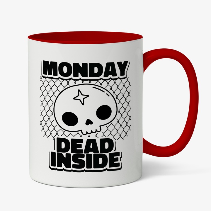 Cana Cu Craniu Monday Dead Inside, Inceput De Sapataman, In Asteptarea Weekend-ului, Epuizare, Cadou Pentru Oamenii Petrecareti, Negru, 330 ml, Maner Rosu
