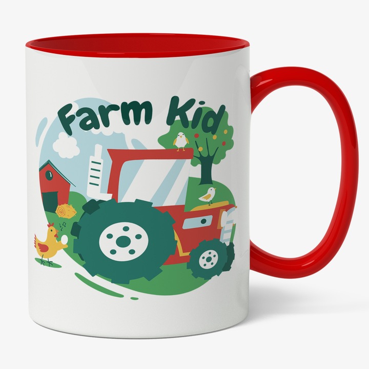 Cana Cu Mesaj Farm Kid, Tractor, Hambar, Gaina Cocos, Ferma Naturala, Cadou Pentru Iubitorii De Viata Ca La Tara, 330 ml, Maner Rosu