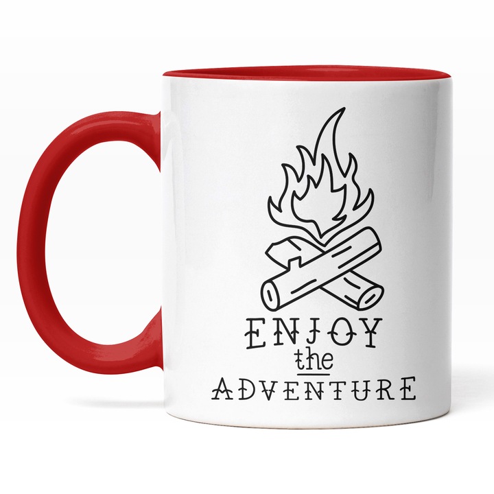 Cana Cu Mesaj Enjoy The Adventure, Cercetas, Foc De Tabara, Calea Printre Munti, Zona Montana, Aventura, Cadou Pentru Iubitorii De Explorari, 330 ml, Maner Rosu