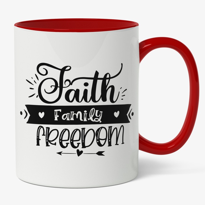 Cana Cu Mesaj Familist Faith Family Freedom, Viitoare Familie, Unire, Text In Engleza, Cadou Pentru Iubitorii De Familie, Negru 330 ml, Maner Rosu
