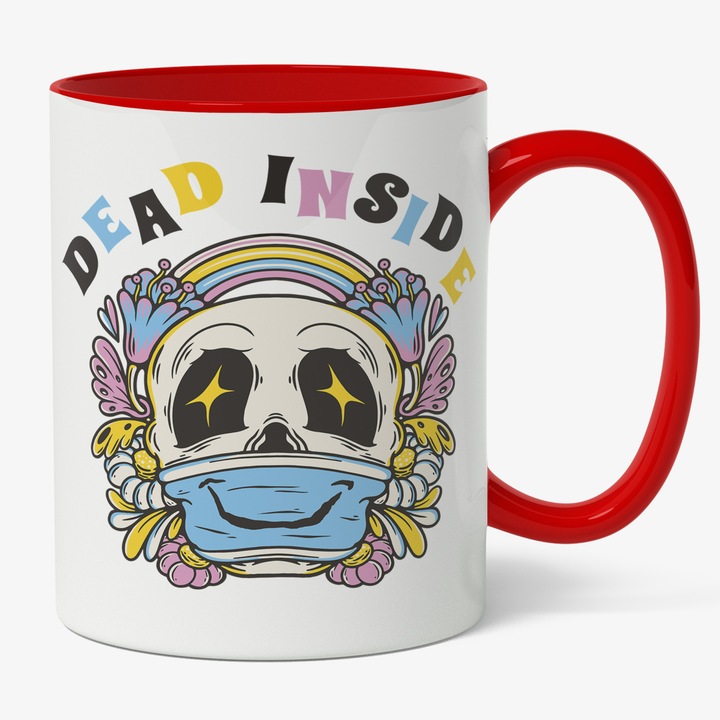 Cana Cu Cranu De Mort Fericit, Curcubeu, Text In Engleza Dead Inside, Depresie, Cadou Pentru Iubitorii De Buna Stare, Multicolor 330 ml, Maner Rosu