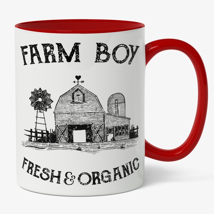 Cana Cu Mesaj Farm Boy Fresh & Organic, Ferma, Natural Si Organic, Mancare Proaspata, Liniste, Cadou Pentru Iubitorii De Viata La Tara, Negru 330 ml, Maner Rosu