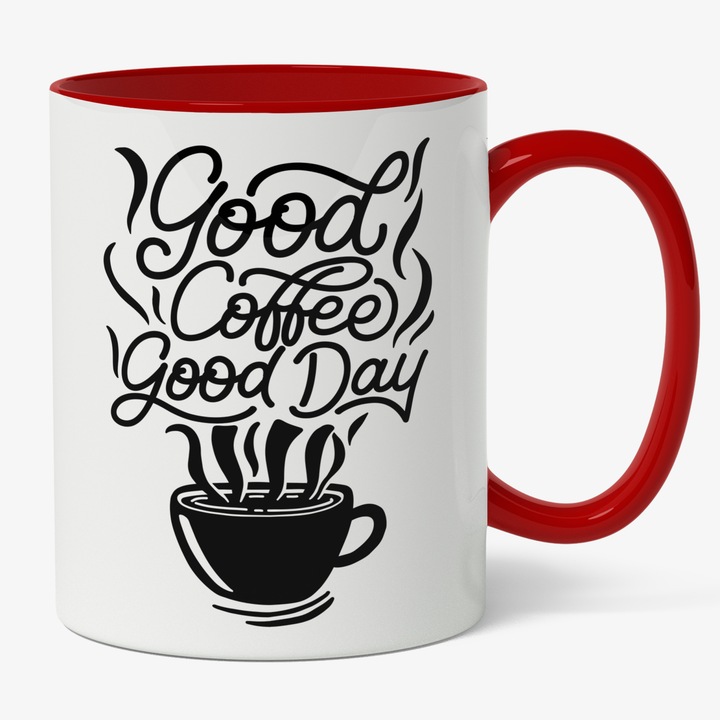 Cana Cu Mesajul Good Coffee Good Day, Ceasca Cafea Fierbinte, Cadou Pentru Iubitorii De Cafea, Negru, 330 ml, Maner Rosu