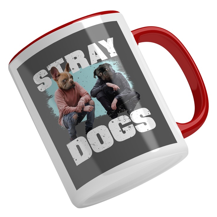 Cana Cu Mesajul Stray Dogs, Caini Periculosi, Animal De Companie, Cadou Pentru Iubitorii De Caine, 330 ml, Maner Rosu