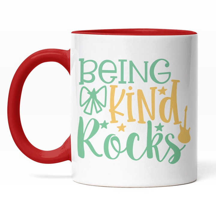 Cana Cu Mesaj Being Kind Rocks, Bunatate, Funda Galbena, Chitara, Be Kind, Cadou Pentru Iubitorii De Bunatate, Verde Galben, 330 ml, Maner Rosu