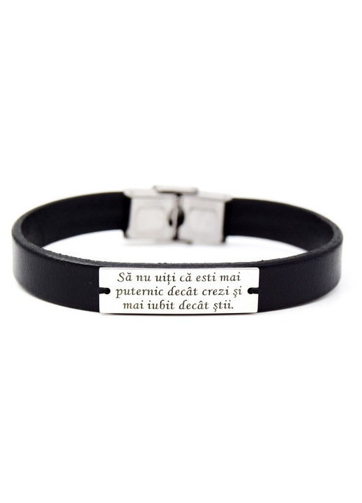 Bratara Personalizata din Piele Naturala, Placuta, Sa nu uiti ca esti mai puternic decat crezi si mai iubit decat stii, Argint 925