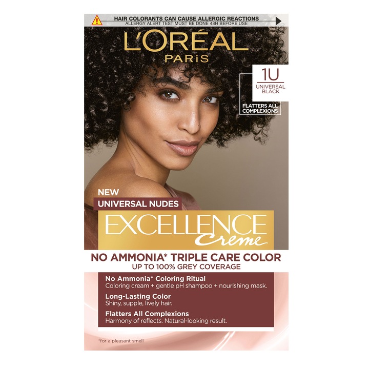 Vopsea de par permanenta fara amoniac L'Oreal Paris Excellence Universal Nudes, 1U Universal Black, 192 ml