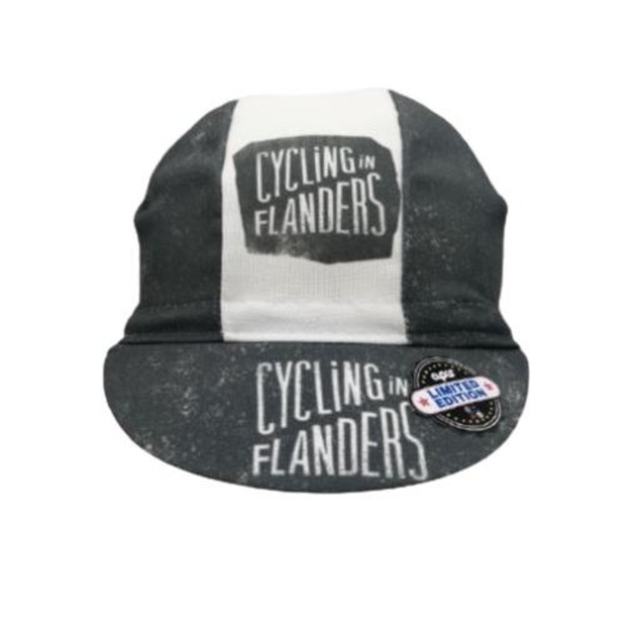 Kerékpáros sapka Kerékpározás Flandriában, Apis, poliészter/pamut, egy méret mindenkinek, fehér/fekete