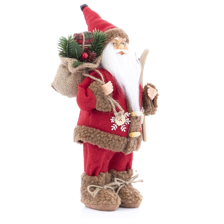 Figurina Mos Craciun Kring, 30 cm, cu schiuri si sac de cadouri, Rosu/Maro