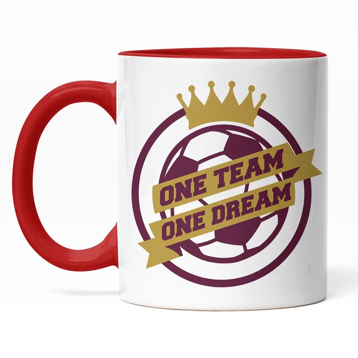 Cana Cu Mesaj Motivational One Team One Dream, Minge Football Cu Coroana De Aur, Text In Engleza, Sport De Echipa, Ambitii, Cadou Pentru Iubitorii De Sport, Multicolor 330 ml, Maner Rosu
