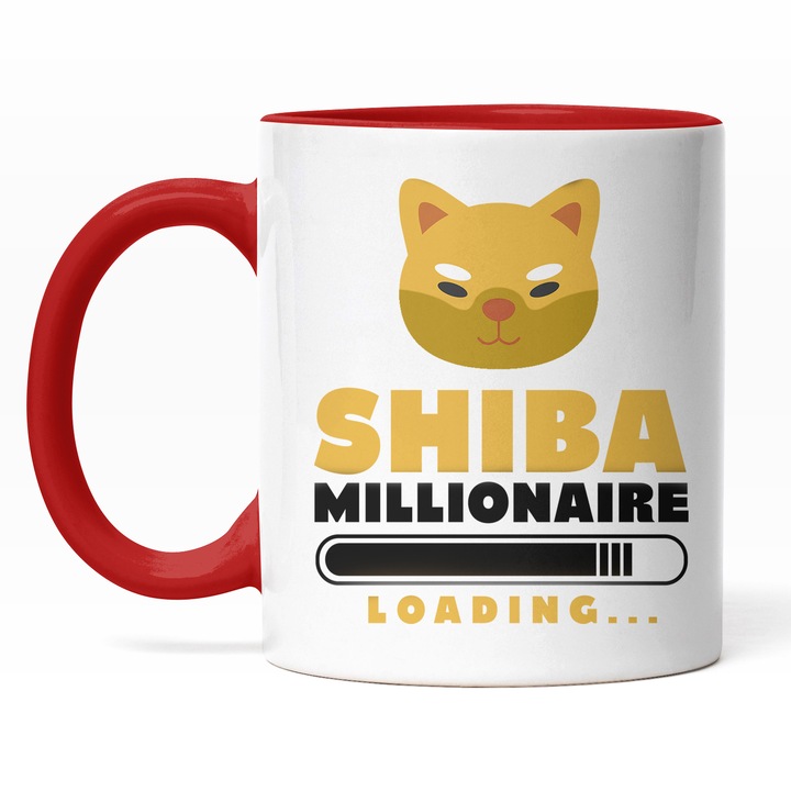 Cana Cu Shiba Millionare Loading, Simbol Pisica galbena, Investitii Online, Monede Virtuale, Bitcoin, Crtpto, Cadou Pentru Iubitorii De Investitii, Multicolor, 330 ml, Maner Rosu
