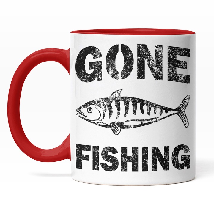 Cana Cu Mesajul Gone Fishing, Peste, Lumea Acvatica, Cadou Pentru Iubitorii De Pescuit, Negru, 330 ml, Maner Rosu