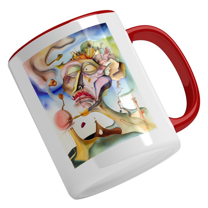 Cana Cu Pictura Caricatura Chip Uman, Case Pe cap, Turnuri, Cer Colorat, Arta Contemporana, Multicolor, 330 ml, Maner Rosu