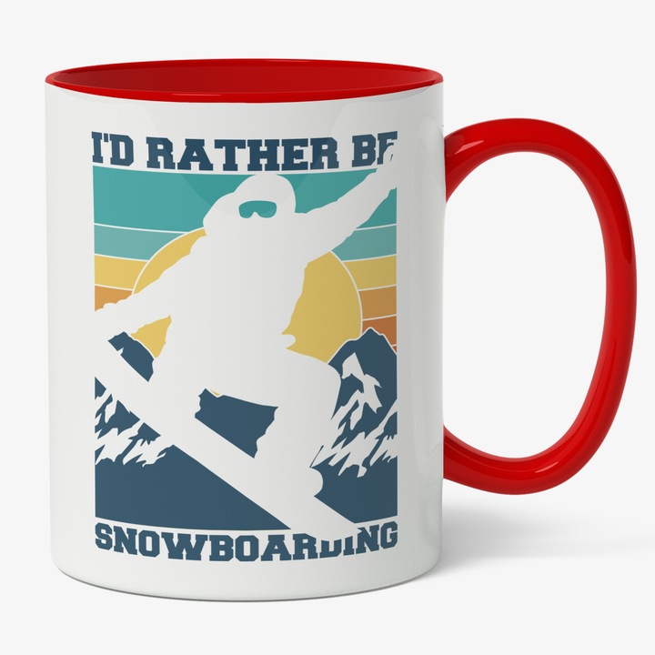 Cana Cu Om Pe Snowboard In Aer, I'd Rather Do Snowboarding, Zona Montana, Sport De Iarna, Text In Engleza, Cadou Pentru Iubitorii De Iarna, Negru 330 ml, Maner Rosu