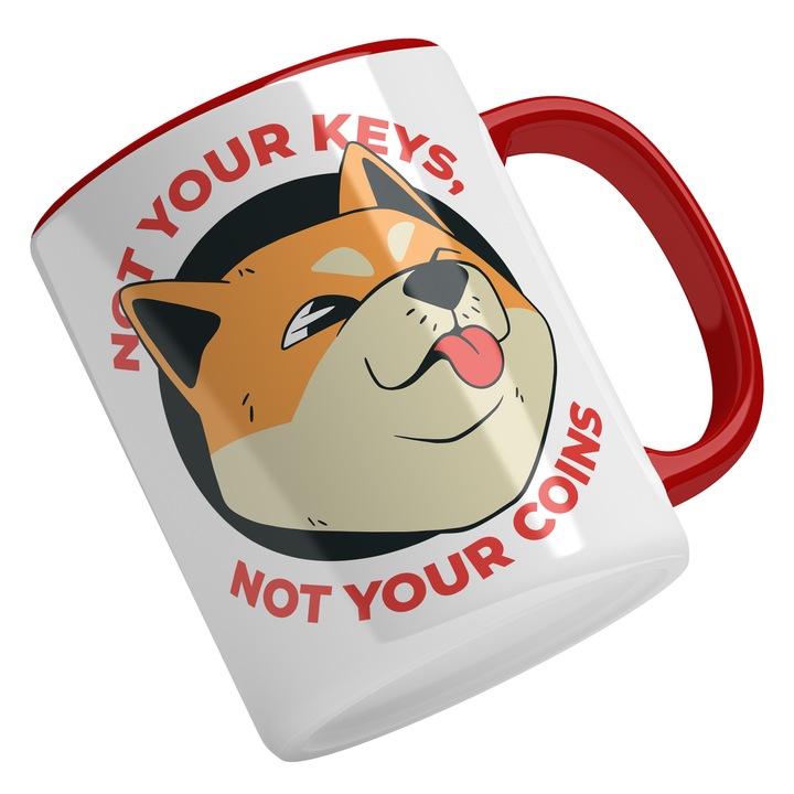 Cana Cu Caine Cu Limba Pe Afara, Portocaliu, Text IN Engleza Not Your Keys, Not Your Coins, Cadou Pentru Iubitorii De Vise, Caini, 330 ml, Maner Rosu