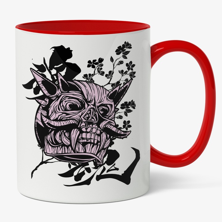 Cana Cu Craniu Diavol, Flori, Text In Chineza, Coltii Si Coarne, Cadou Pentru Iubitorii De Filme Sf Horror, Multicolor 330 ml, Maner Rosu