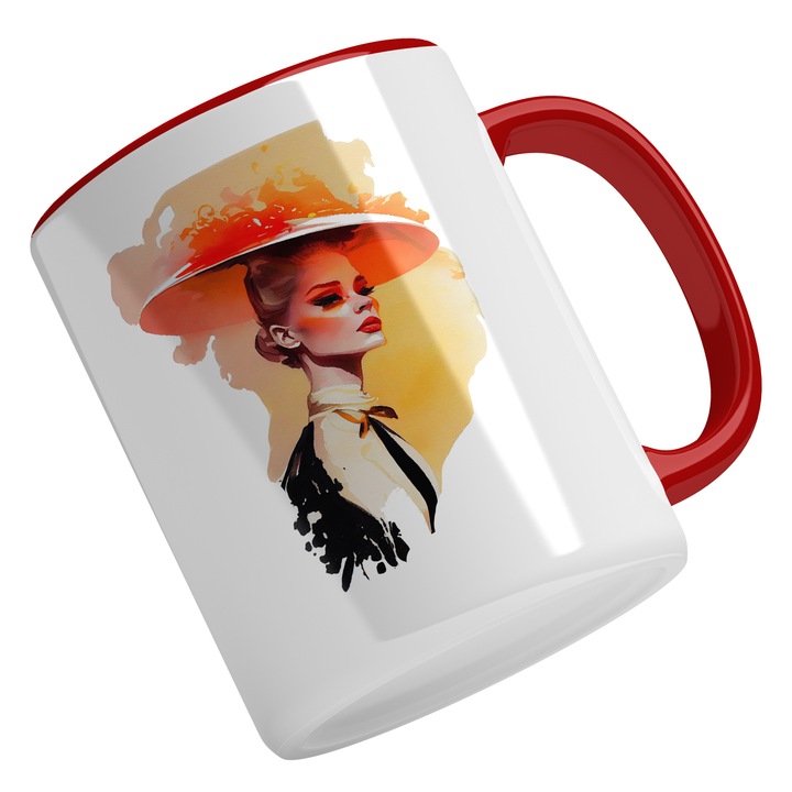 Cana Cu Pictura Portret Fata Blonda Palarie Rosie In Flacari, Funda La Gat, Make Up Rosu, Multicolor, 330 ml, Maner Rosu