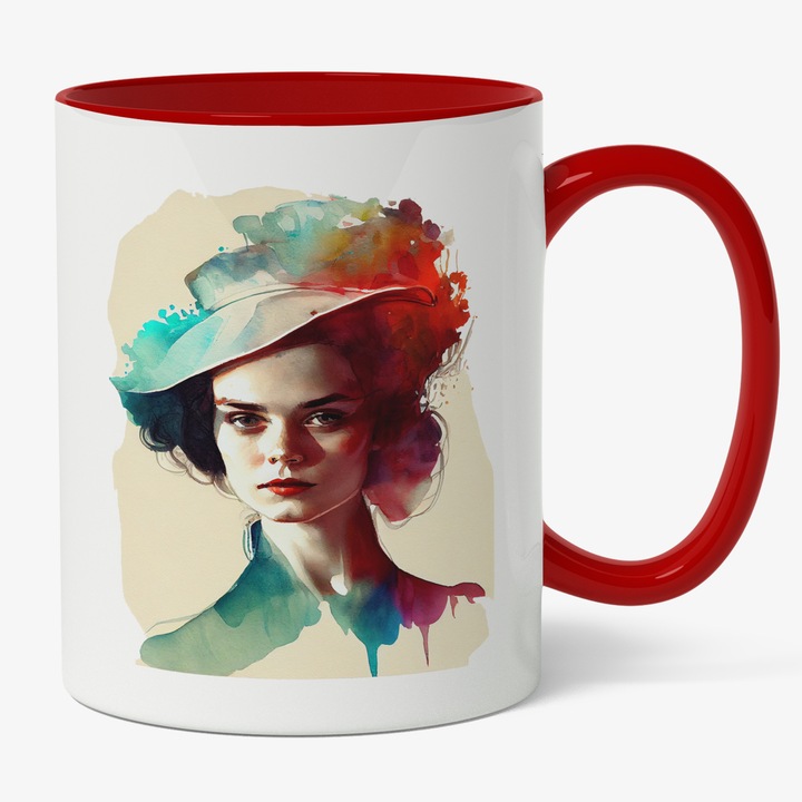 Cana Cu Pictura Portret Fata Cu Palarie Pe Cap, Par Brunet, Tinuta Eleganta, Multicolor, 330 ml, Maner Rosu