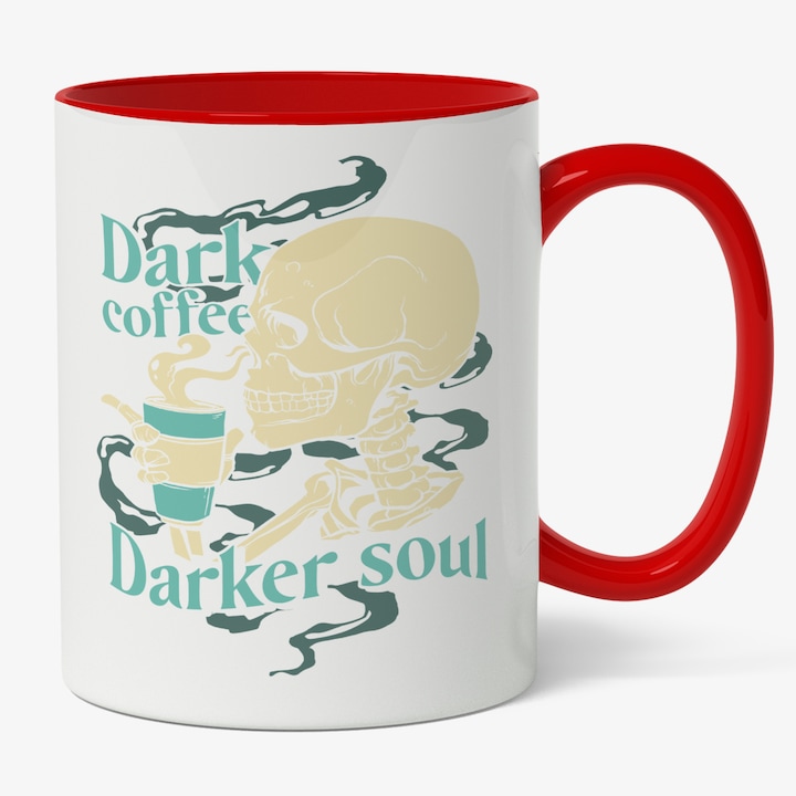 Cana Cu Craniu Galben Band Cafea, Text In Engleza Dark Coffee Dark Soul, Ambitii Inalte, Cadou Pentru Iubitorii De Cafea, Multicolor 330 ml, Maner Rosu