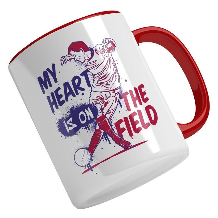 Cana Cu Mesaj My Heart Is On The Field, Motivatie, Text In Engleza, Sport In Echipa, Jucator De Football, Cadou Pentru Iubitorii De Castiguri, Rosu Albastru, 330 ml, Maner Rosu