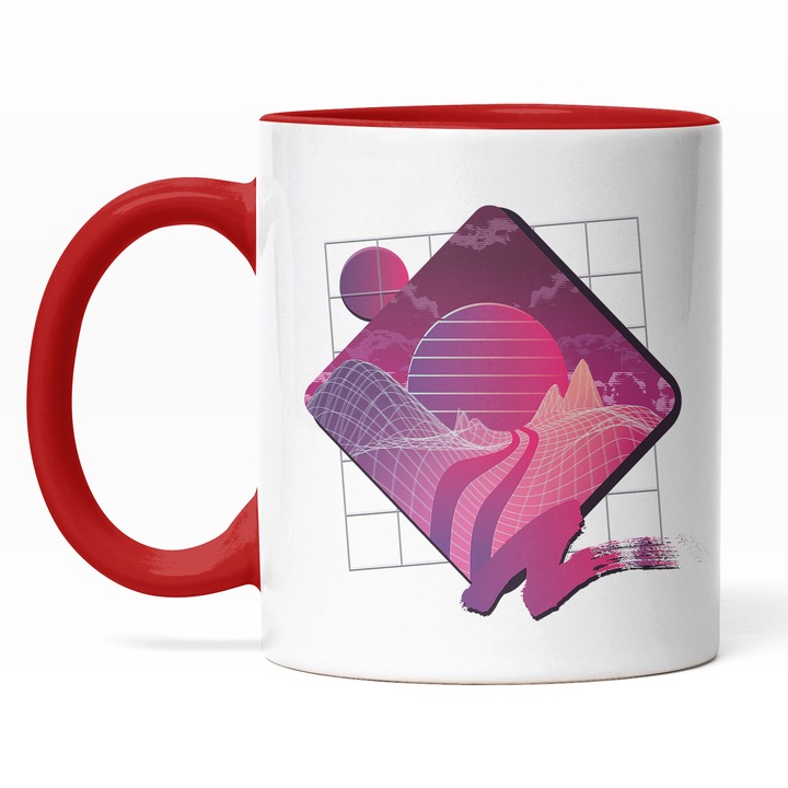 Cana Cu Imagine Abstracta, Romb Cu Univers Necunoscut, Zona Montana, Apus De Soare, Cadou Pentru Iubitorii De Univers Bizar, 330 ml, Maner Rosu