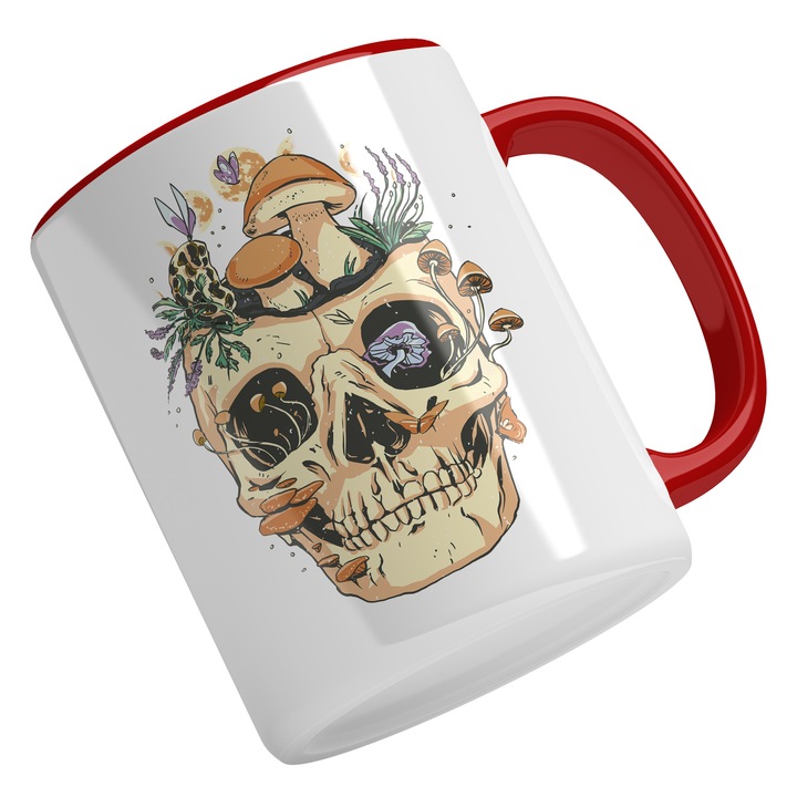Cana Cu Craniu De Mort Inflorit, Ciuperci Galbene Cu Flori, Natura Minunata, Cadou Pentru Iubitorii De Verdeata, Multicolor 330 ml, Maner Rosu