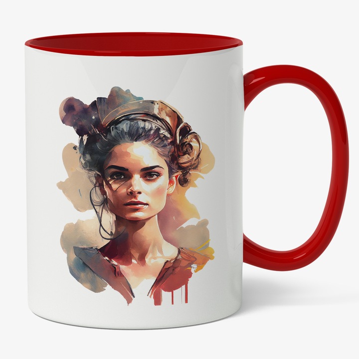 Cana Cu Pictura Portret Fata Bruneta Bandana Pe Cap, Naturala, Tinuta Maro, Multicolor, 330 ml, Maner Rosu