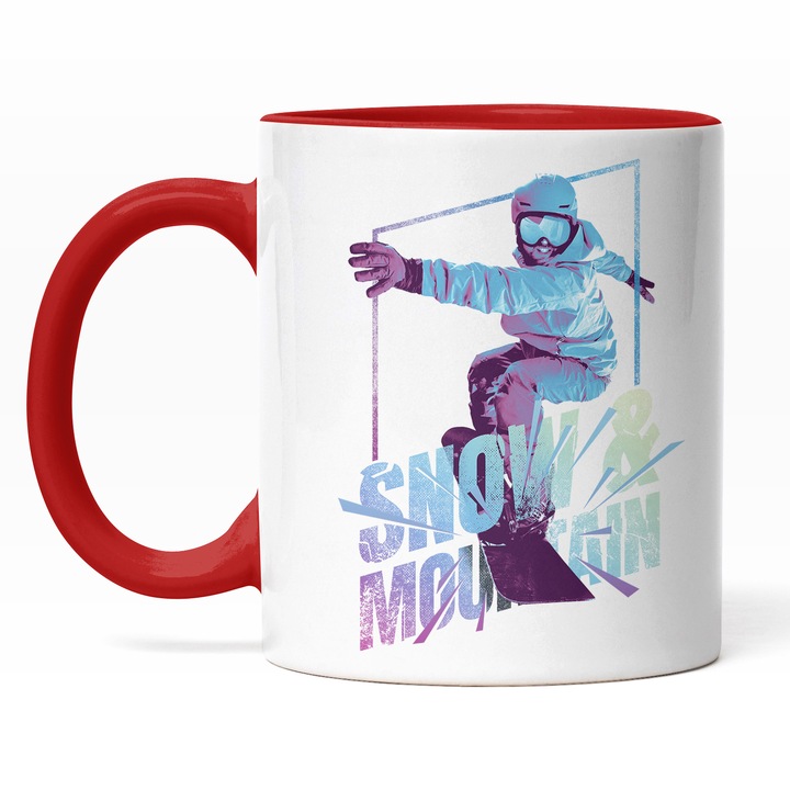 Cana Cu Om Pe Snowboard, Snow & Mountain, Lumina Albastra, Zona Montana, Sport De Iarna, Text In Engleza, Cadou Pentru Iubitorii De Iarna, Negru 330 ml, Maner Rosu