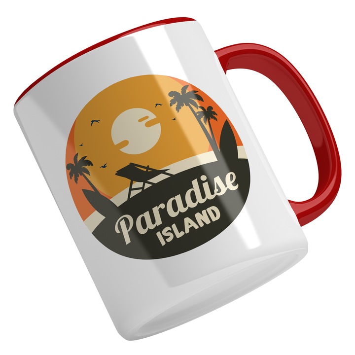 Cana Cu Priveliste Apus De Soare, Plaja Cu Sezlong, Text In Engleza Paradise Island, Palmieri, Cadou Pentru Iubitorii De Vacanta, Multicolor, 330 ml, Maner Rosu