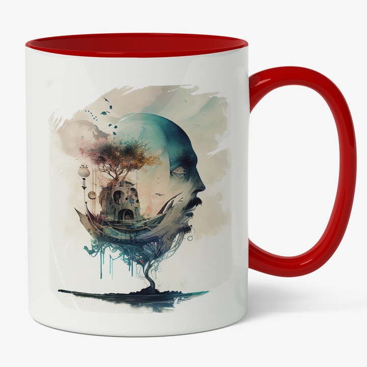 Cana Cu Pamant Plutitor Copac Crescut Din Craniu De Om, Moarte, Peisaj Colorat, Cadou Pentru Iubitorii De Fimle SF, 330 ml, Maner Rosu