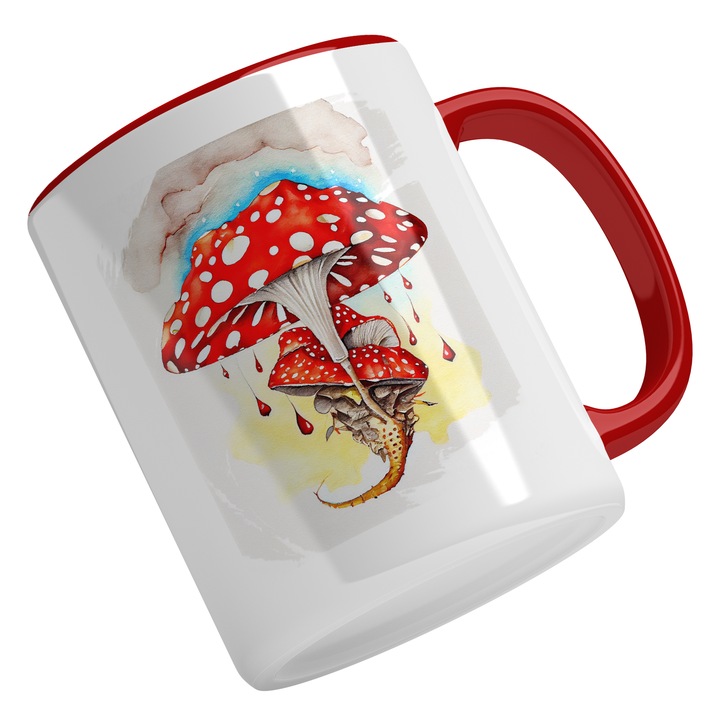 Cana Cu Pictura Curgatoare, Ciuperci Rosii Cu Buline, Sub Un Nor De Ploaie, Cadou Pentru Iubitorii De Ciuperci, 330 ml, Maner Rosu