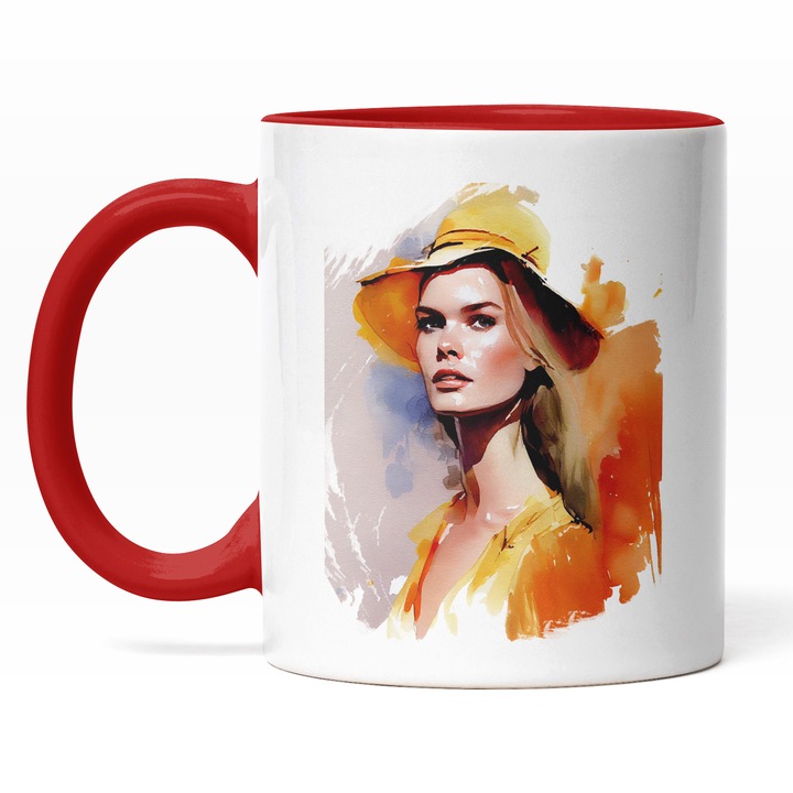 Cana Cu Portret Fata Palarie Galben, Rochie Galbena, Par Blond, Palida, Multicolor, 330 ml, Maner Rosu