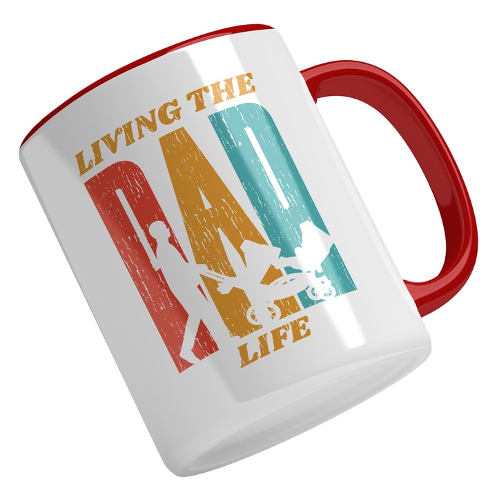 Cana Cu Tata Plimband Copilul In Carucior, Text In Engleza Living The Dad Life, Rewlatie Tata-Copil, Cadou Pentru Viitorii Tatici, Multicolor, 330 ml, Maner Rosu