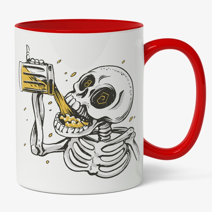 Cana Cu Schelete Om Turnand O Halga De Bere In Gura, Alcool, Haios, Barbati, Cadou Pentru Iubitorii De Bere, Negru, Galben 330 ml, Maner Rosu