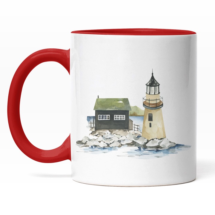 Cana Cu Casa Pe Malul Marii Pietre, Turn Cu far, Pictat, Vacanta, Linistea Marii, Cadou Pentru Iubitorii De Apa, Multicolor, 330 ml, Maner Rosu
