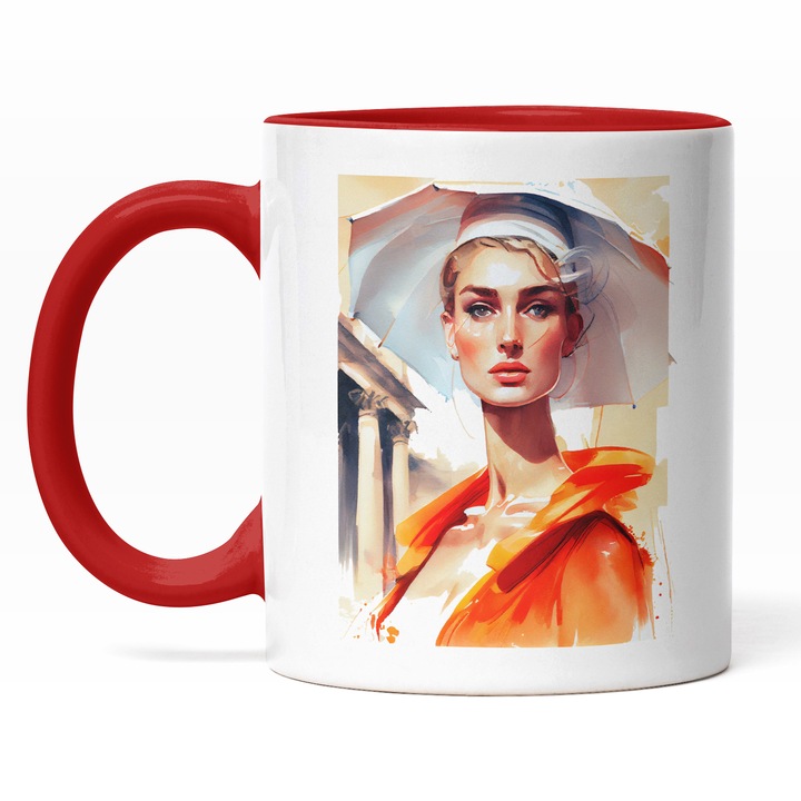 Cana Cu Pictura Portret Fata Blonda Palarie Alba Mare, Make Up Naturala, Tinuta Portocalie, Multicolor, 330 ml, Maner Rosu