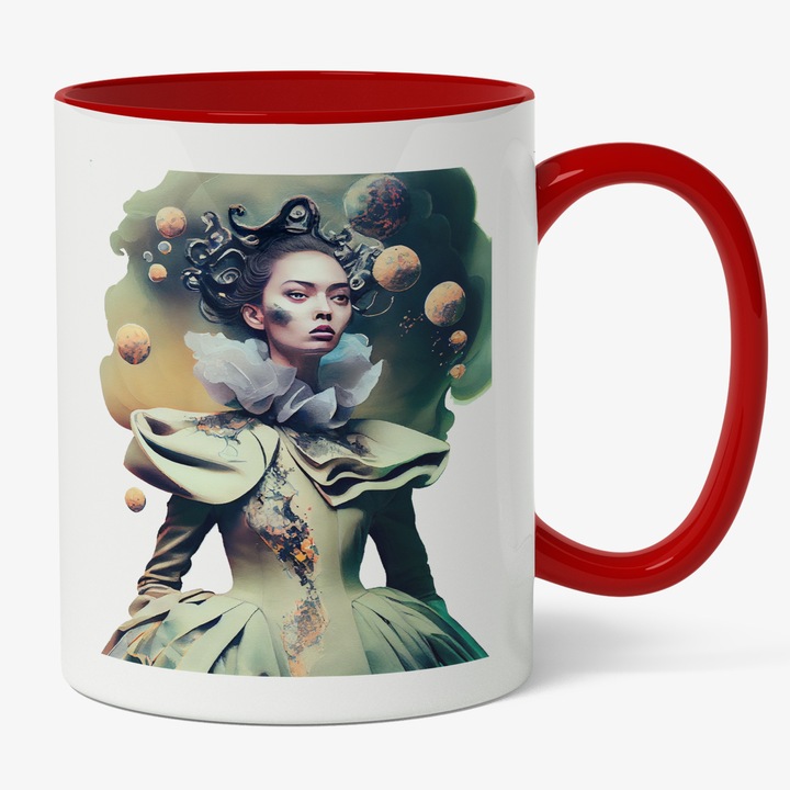 Cana Cu Portret Regina Balului, Tinuta Verde Interbelica Cu Guler Inalt, Margele Aurie, Cadou Pentru Iubitorii De Fashion, 330 ml, Maner Rosu