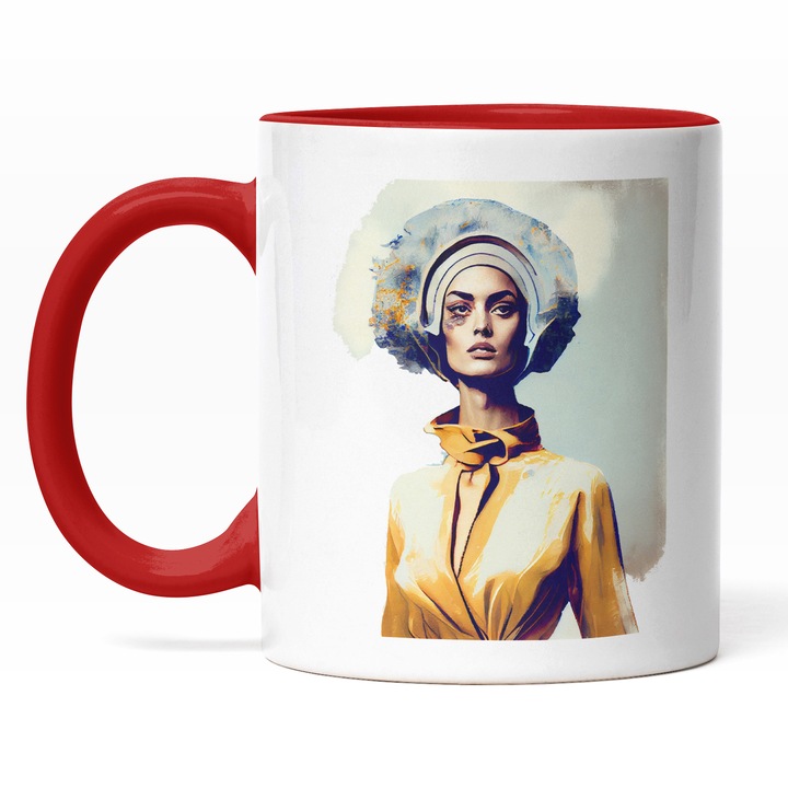 Cana Cu Portret Fata Palarie Inalta Bizara, Tinuta Galbena Interbelica, Cadou Pentru Iubitorii De Fashion, 330 ml, Maner Rosu