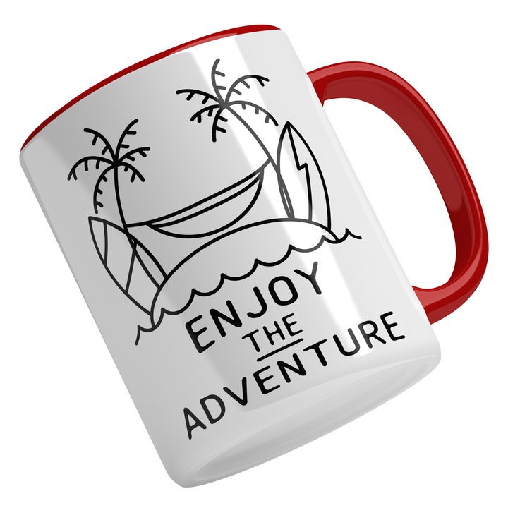 Cana Cu Mesaj Enjoy The Adventures, Hamac Intre Doi Palmieri, Placa Surf, Aventura, Cadou Pentru Iubitorii De Calatorii, 330 ml, Maner Rosu