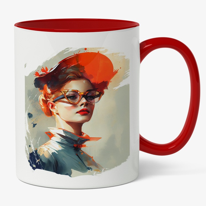 Cana Cu Portret Fata Palarie Si Buze Rosii, Ochelari Stil Pisica, Par Pris In Coc, Multicolor, 330 ml, Maner Rosu