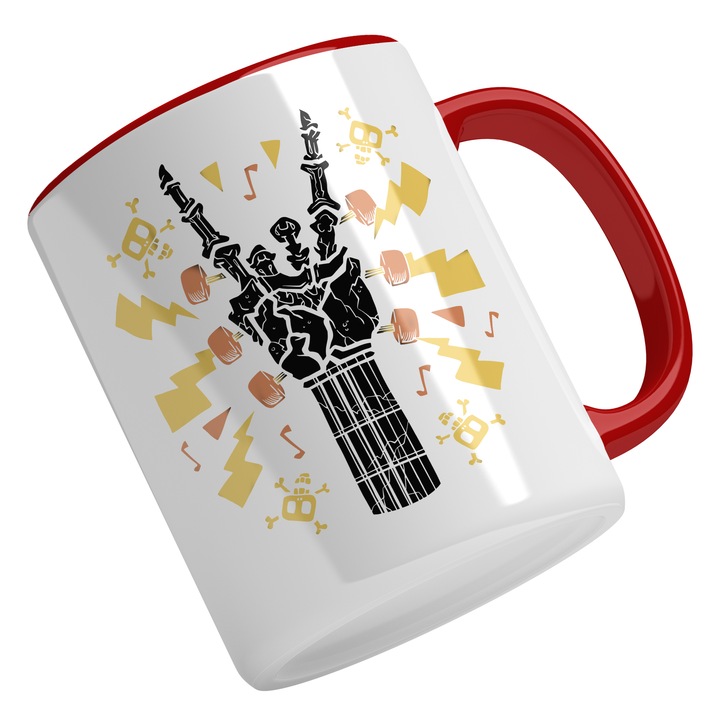 Cana Cu Mana Schelete Mort Aratand Simbolul Rock, Cranii Mici Galbene, Muzica Rock Metal, Cadou Pentru Iubitorii De Muzica, Negru, Galben, Multicolor 330 ml, Maner Rosu