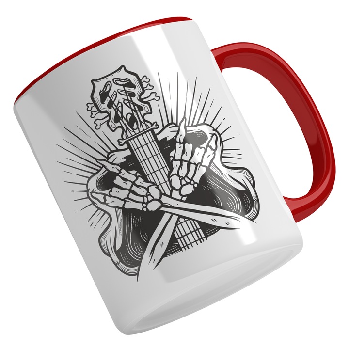Cana Cu Chitara Electrica, Brate Schelete, Trupa Roc, Rock & Roll, Muzica Rock, Cadou Pentru Iubitorii De Distractie, Negru, 330 ml, Maner Rosu
