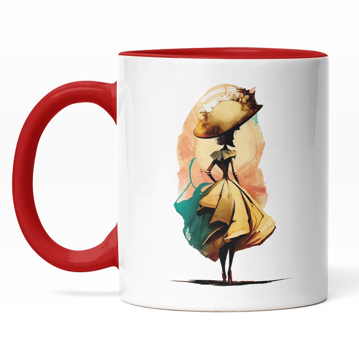 Cana Cu Silueta Feminina Mergand Cu Spatele, Palarie Galbena, Tinuta Interbelica, Cadou Pentru Iubitorii De Fashion, 330 ml, Maner Rosu