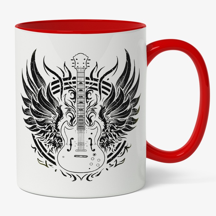 Cana Cu Chitara Electrica, Aripi De Inger, Flacari, Trupa Roc, Rock & Roll, Muzica Rock, Cadou Pentru Iubitorii De Distractie, Negru, 330 ml, Maner Rosu