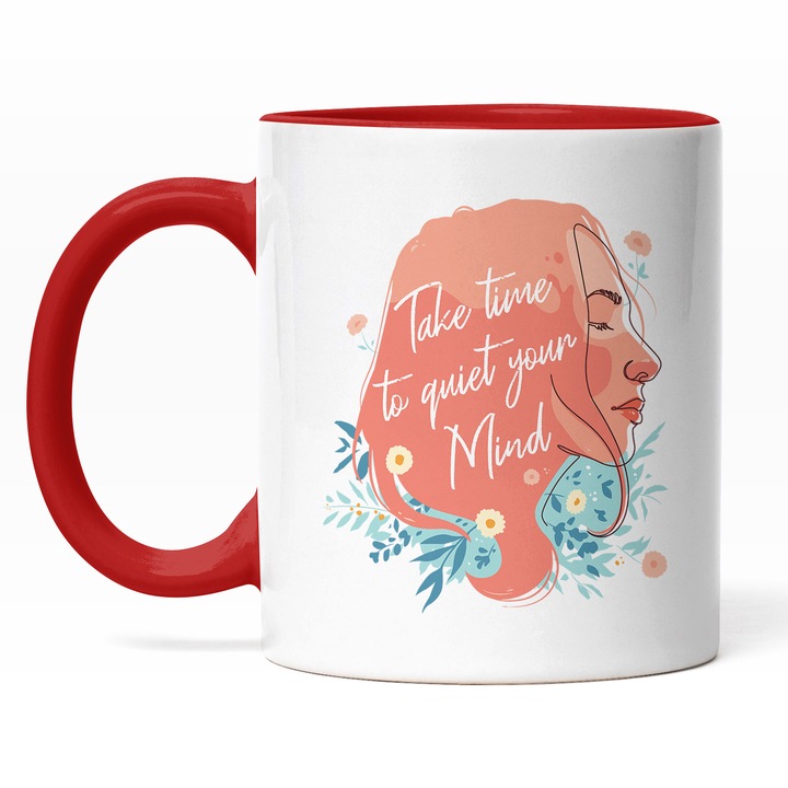Cana Cu Self Love, Portret Fata Par Portocaliu, Take Time To Quiet Your Mind, Verdeata, Motivatie, Cadou Pentru Iubitorii De Dezvoltare Personala, 330 ml, Maner Rosu